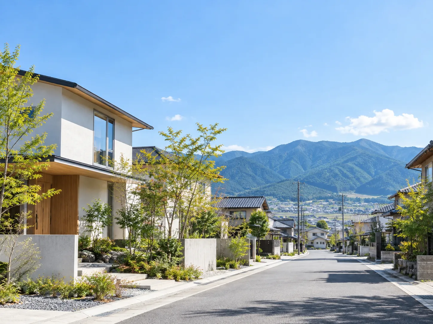 山並みを望む住宅地の通り