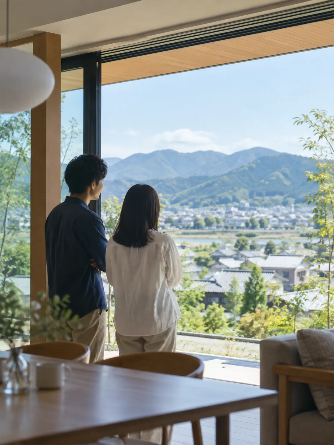 窓辺から山とまちを眺める二人